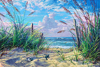 IntoThe Sea, artwork, sand, painting, clouds, sky, grass, beach, dune HD wallpaper
