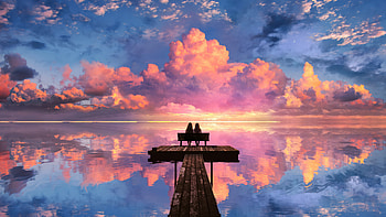Two Bestie On Pier At Sunset, anime-girl, anime, sunset, sky, ocean, sea, clouds, artist, artwork, art, digital-art, ai, deviantart HD wallpaper