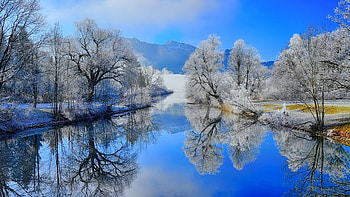 winter, river, trees, frost, creek, mountains HD wallpaper