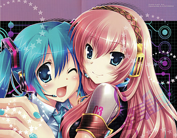 Hatsune Miku & Megurine Luka, awesome, artistic, nice, digital, cg, hatsune, aqua eyes, white, hatsune miku, art, twintail, girl, headset, singer, aqua, pink hair, anime girl, anime, pretty, megurine, virtual, blue, luka, black, song, heads, cute, vocaloid, gold, beauty, miku, music, vocaloids, megurine luka, friends, program, beautiful, diva, pink, aqua hair, cool, blush, idol, micro HD wallpaper