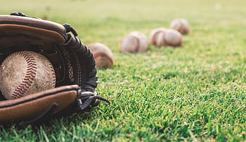 A close-up of a baseball glove with balls on a green field, symbolizing outdoor sports. HD wallpaper