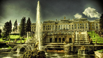 landscape_fantasy, architecture, dark, wet, 3d, fantasy, abstract, cg, pretty, light, green, fountain, building, clouds, trees, sky, water HD wallpaper