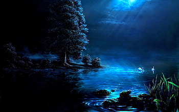 Rain, Fantasy, Landscape, Night, Pond, Swan, Tree HD wallpaper