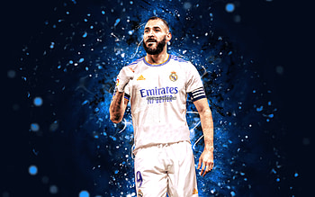 Karim Benzema, 2022, Real Madrid CF, blue neon lights, french footballers, La Liga, Karim Mostafa Benzema, soccer, football, Real Madrid FC, LaLiga, Karim Benzema , Karim Benzema Real Madrid HD wallpaper