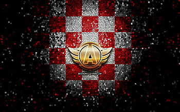 Avtomobilist Yekaterinburg, glitter logo, KHL, red white checkered background, hockey, Kontinental Hockey League, mosaic art, russian hockey team, HC Avtomobilist HD wallpaper