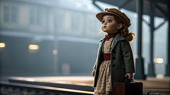 Charming Doll in Ultra, doll, vintage, train station, suitcase HD wallpaper