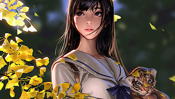 Autumn Girl With Cubs, anime-girl, anime, cub, artist, artwork, digital-art, artstation HD wallpaper