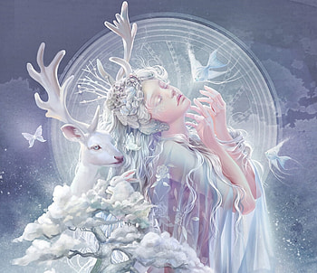 Winter, white, frumusete, art, dreamingfire rotheus, gorgeous, girl, superb, moon, fantasy, iarna, deer, luna, luminos, cloud, blue, rotheus, dreamingfire HD wallpaper