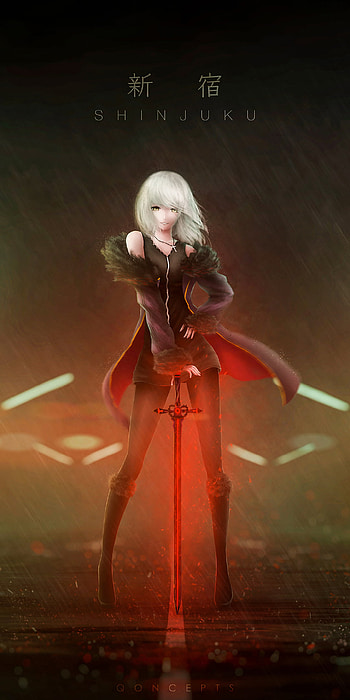 Jeanne d'Arc (Alter) Shinjuku, rain, night, white hair, short hair, sword, Fate (Series), Avenger (Fate/Grand Order), Jeanne d'Arc Alter, Anime, Fate/Grand Order, anime night, Rain Anime HD phone wallpaper
