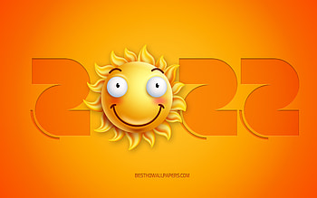 2022 New Year, , Happy New Year 2022, 3d sun smile, 2022 concepts, 2022 yellow 3d background, sun smiley emotions, 2022 sun background HD wallpaper