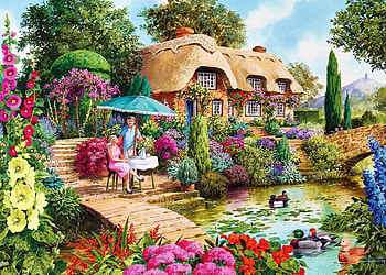 The Little Treasures, chair, ducks, table, stairs, flowers, cottage, people, pond HD wallpaper