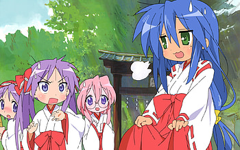 Lucky Star Shrine Maidens, blue, lucky star, konata izumi, miyuki, madien, twin tails, long hair, pony tail, miyuki takara, glasses, tsukasa, tsukasa hiiragi, purple, kagami hiiragi, kagami, pink, konata HD wallpaper