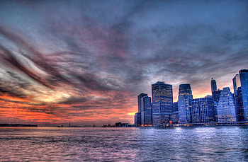 Sunset at Manhattan, river, skyscrapers, manhattan, sunset HD wallpaper