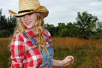 Country Girl, cowgirl, coveralls, hat, field HD wallpaper