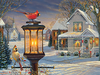 Welcome to Our Home, winter, light, pair, lantern, cardinals HD wallpaper