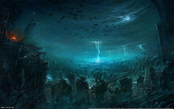 battle of the immortals, lightning, graves, coffins, stars, spear, people HD wallpaper