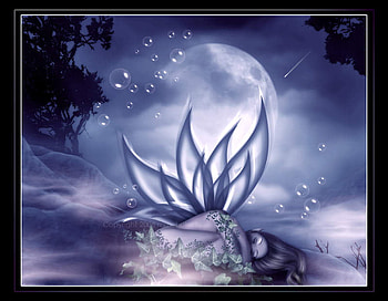 Goodnight, wings, moonlight, moon, bubbles, woman, sleep HD wallpaper