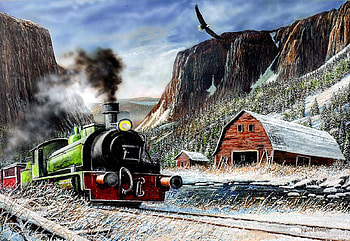 Canyon Express, barn, railways, train, locomotive, steam, rocks, mountains, artwork, painting, snow HD wallpaper