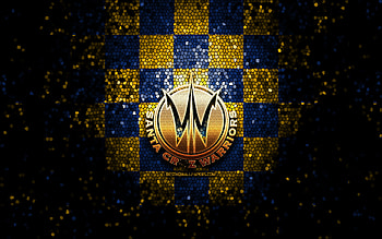 Santa Cruz Warriors, glitter logo, NBA G League, yellow blue checkered background, basketball, american basketball team, Santa Cruz Warriors logo, mosaic art HD wallpaper