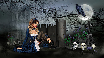 RAVENS MOON, CASTLE, RAVEN, GOTHIC, SKULLS, FEMALE, MOON HD wallpaper