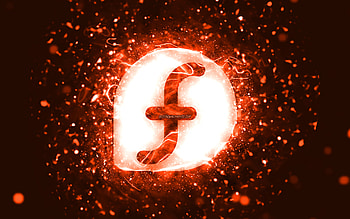Fedora orange logo, , orange neon lights, creative, orange abstract background, Fedora logo, Linux, Fedora HD wallpaper