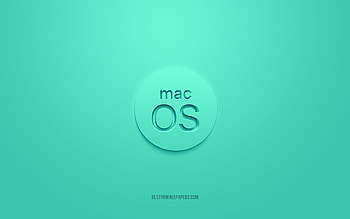 MacOS 3D logo, turquoise background, MacOS turquoise logo, 3D logo, MacOS emblem, MacOS, 3D art HD wallpaper