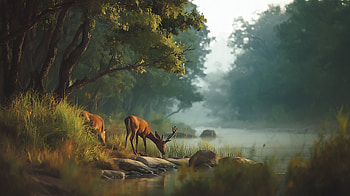 Deer by the Misty Lake – Serene Nature Landscape, deer, nature, landscape, lake HD wallpaper
