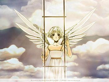 Angelic Condition, block, wings, window, clover, beautiful, angel, dress, condition, anime, heaven, glass, clouds, sky HD wallpaper