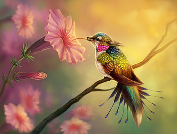Hummingbird, pink, humming-bird, bird, fantasy, art, flower, pasare, luminos HD wallpaper