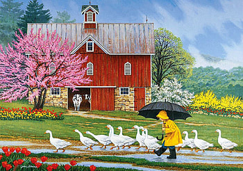 Puddle Jumpers, painting, house, trees, blooming, girl, spring, geese HD wallpaper