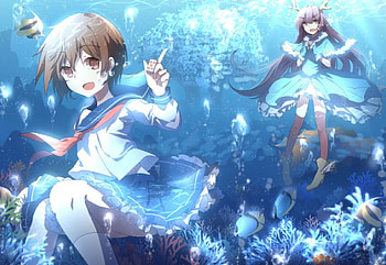 Happiness under the Sea, fishes, blue, cute, long hair, dress, beauty, lady, short hair, water, ocean, female, sea, white, coral, girl, beautiful, woman, anime, pretty, light, lovely, bubbles HD wallpaper