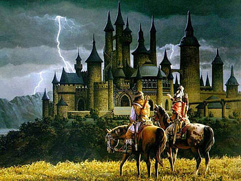 Lightning Castle, lightning, horses, riders, castle HD wallpaper