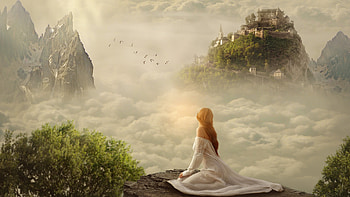 Fantasy girl, creative, fantasy, girl, castle, cloud HD wallpaper