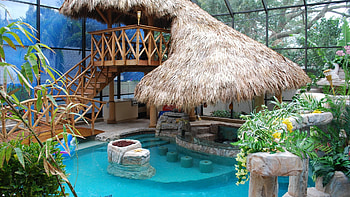 Greenhouse, plants, thatched roof, water, pond HD wallpaper