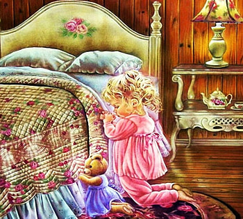 Evening Prayer, artwork, bed, painting, lamp, teddybear, girl, desk HD wallpaper