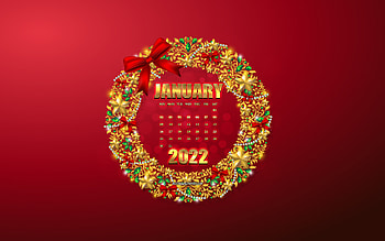January 2022 Calendar, , Golden Christmas wreath, New Year, January, 2022 January Calendar, Christmas background, 2022 January HD wallpaper
