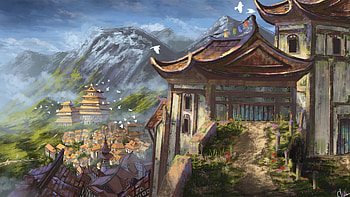 Art, City, Building, Rocks, Pagoda, Temple HD wallpaper