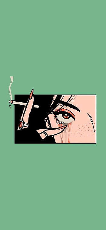 green girl cigarette, art, black hair HD phone wallpaper