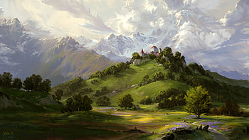 monastery painting, grass land, chapel, snow, trees, mountains HD wallpaper