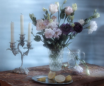 Still life, citrus, candle holders, vase, candles, nature, flowers, fruits HD wallpaper