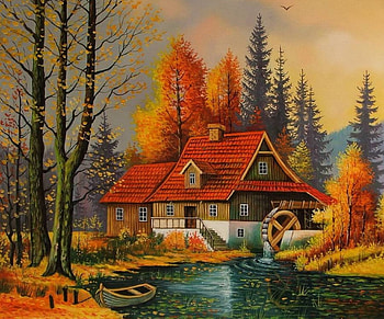 Watermill, autumn, painting, art, water mill HD wallpaper