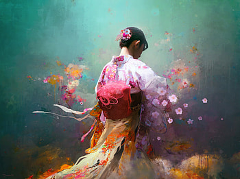 Sakura, kimono, frumusete, aet, gorgeous, green asian, superb, pink, thomas dubois, fantasy, red, yellow, luminos HD wallpaper