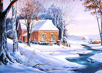Cottage in Winter, artwork, river, painting, snow, house, landscape HD wallpaper