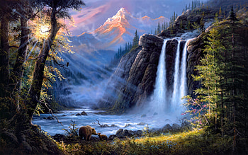 Jesse-Barnes-Beneath-the-Falls, falls, art, trees, nature, paintings, beauty, jesse barns, sunsine, mountains HD wallpaper