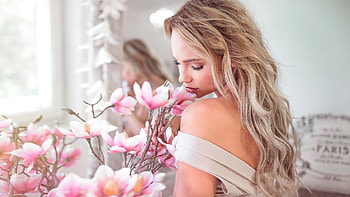 Beauty, white, model, blonde, girl, spring, magnolia, woman, pink, flower HD wallpaper