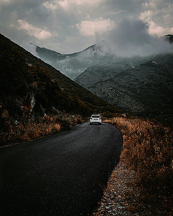 Nature, Mountains, Clouds, Road, Fog, Car, Machine HD phone wallpaper