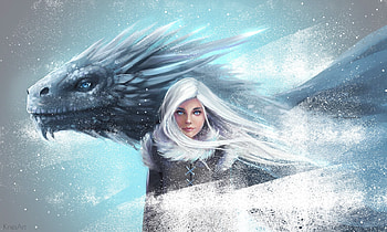 Daenerys and the Ice Dragon, winter, blue, julia talanova, daenerys targaryen, girl, fantasy, iarna, dragon, game of thrones, ice HD wallpaper