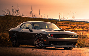 Dodge Challenger SRT Hellcat, exterior, front view, black coupe, tuning Dodge Challenger, evening, sunset, American sports cars, Dodge HD wallpaper