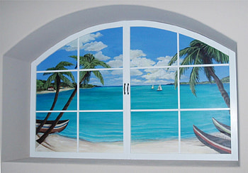 View, palms, abstract, window, sky, water HD wallpaper