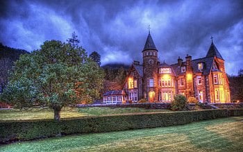 gorgeous mansion at dusk r, lawn, lights, r, dusk, mansion, tree HD wallpaper